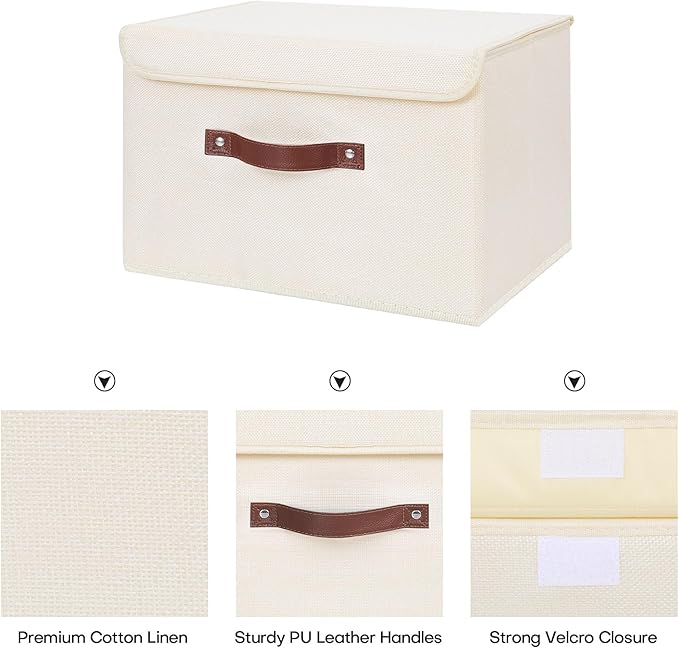 ANMINY 2PCS Storage Bins with Lid PU Leather Handles Storage Boxes PP Plastic Board Decorative Foldable Lidded Cotton Linen Fabric Home Cubes Baskets Closet Organizer Containers - Beige, Large Size-CubbioJoy