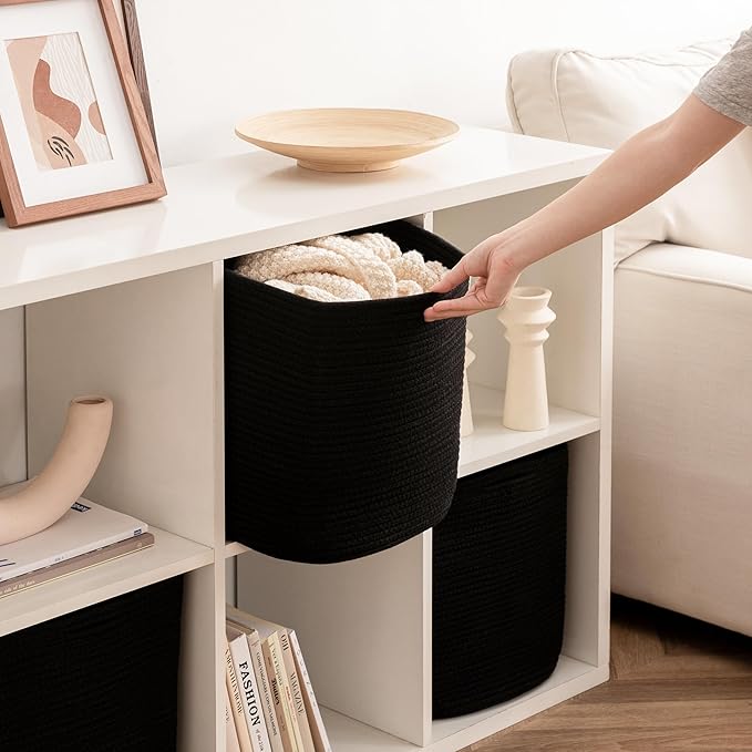joybest Cube Storage Bins Set of 4, 13inch Cube Baskets Organizer for Nursery, Square Cotton Rope Baskets for Shelves Organizing, Kids Toy, Closet Storage, Black-CubbioJoy