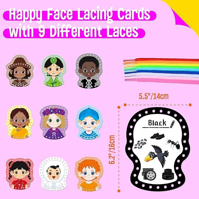 9 Pieces Happy Face Lacing Cards, 9 Double Sided Color Sewing Cards with 9 Colorful Laces, Educational & Learning Activity Games, Imagination Development Lacing Toys for Preschoolers, Kids-CubbioJoy