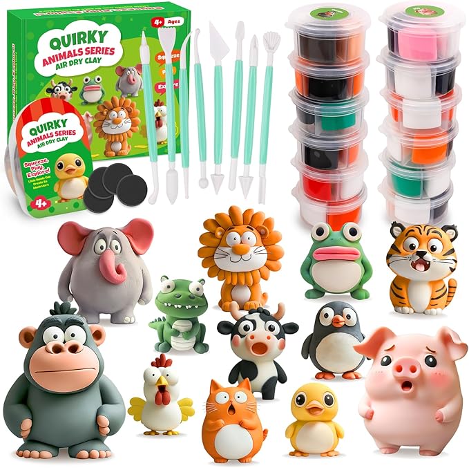 Air Dry Clay Kits for Kids, Arts and Crafts for Kids Ages 8-12, DIY 12 Animals Magic molding Clay Set with Sculpting Tools & Magnets, Modeling Toys for Boys & Girls Ages 4 5 6 7 8+ Years Old-CubbioJoy