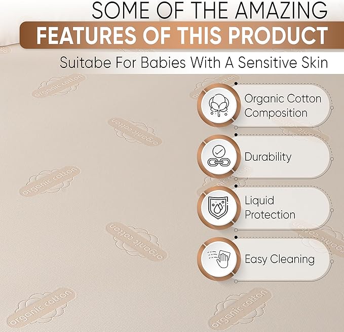 Crib Organic Mattress Protector Pad - Certified Organic Cotton Waterproof Breathable Mattress Pad Cover - 250 GSM Comfort - Deep Pocket - Fitted Comfort-CubbioJoy