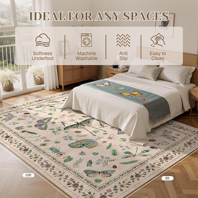 8x10 Area Rugs with Insect Print - Bug Rug Non-Shedding Stain Resistant Soft Carpet for Bedroom, Low Pile Ultra-Thin Machine Washable Carpet for Dining Room, Kids Nursery, Office (8'x10' Beige)-CubbioJoy