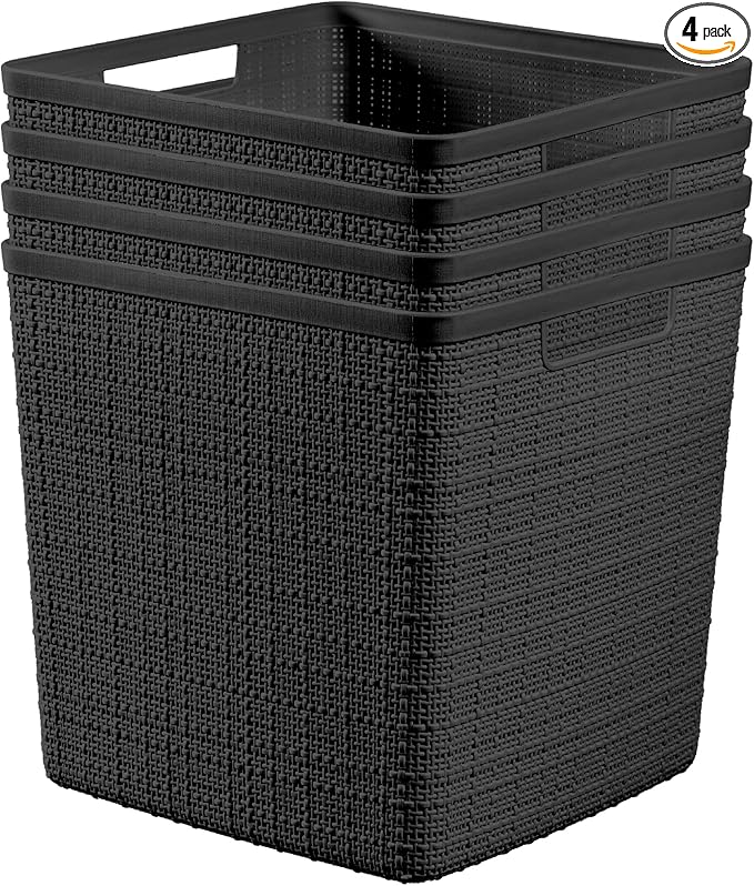 Curver Set of 4 Jute Large Cube Decorative Plastic Organization and Storage Baskets, Perfect Bins for Home Office, Closet Shelves, Kitchen Pantry and All Bedroom Essentials, Black-CubbioJoy
