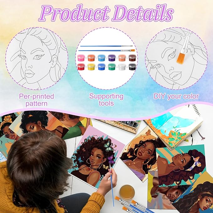 Blosssound 10 Set Pre Printed Canvas Pre Drawn Canvas Painting with Easel Kits 5" x 7" Outline Painting Panels for Beginners, DIY Craft Project, Party Favor, Home Decors(Black Women)-CubbioJoy