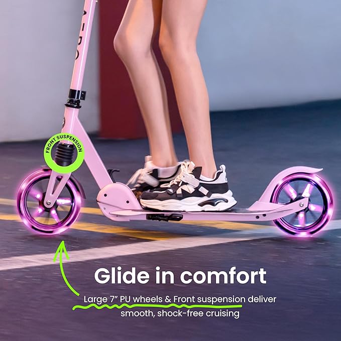 Aero Big Wheels Kick Scooter for Kids 6+, Teens & Adults | Light Up Wheels, Hand Brake, Rubber Deck Mat & Shock Absorption | Foldable & Height Adjustable-CubbioJoy