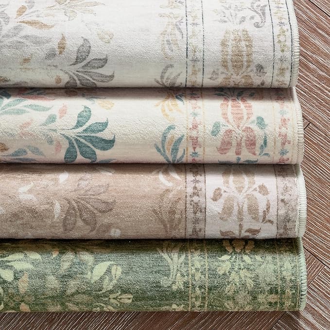 jinchan Vintage Floral Runner Rug 2x5 - Machine Washable Distressed Design Non-Slip Low-Pile Soft Thin Carpet for Hallway Kitchen Farmhouse Bedroom Entryway Laundry Room (2x5ft,Dark Green)-CubbioJoy