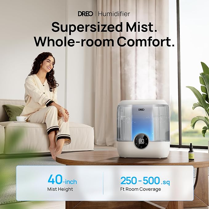 Dreo Smart Humidifiers for Bedroom, 6L Top Fill Supersized Cool Mist Humidifier for Large Room, 60 Hour Runtime, Quiet Ultrasonic Humidifiers for Plants, Baby, Nursery, Indoor, Home, Night Light, Gray-CubbioJoy