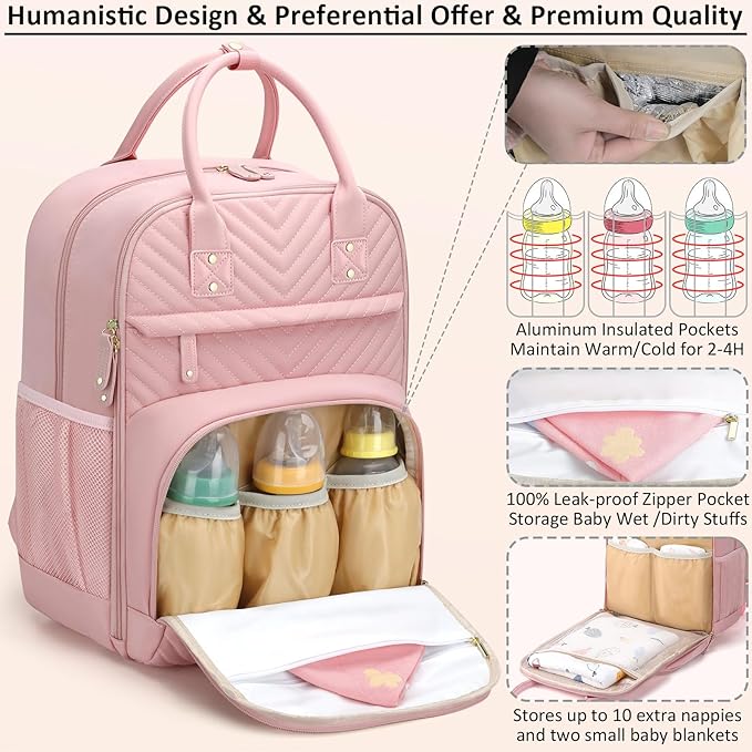 Diaper Bag Backpack for Women with Changing Pad, Baby Bag with Insulated Pockets Multifunctional Diaper Bags For Baby Girl Boy Waterproof Baby Bags For Boys Girls Maternity Bag Baby Pink-CubbioJoy