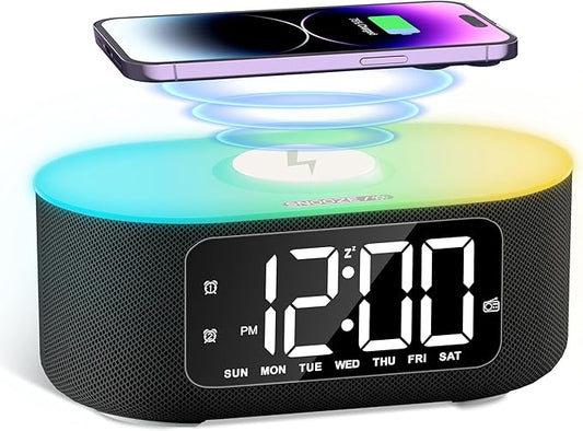 JALL Fabric Alarm Clock for Bedroom, with Big Led Screen Display, Bluetooth Stereo Sound Speaker, FM Radio, Fast Wireless Charging, USB Charging Port, Nightlight, White Noise, Ideal for Gift, Black-CubbioJoy