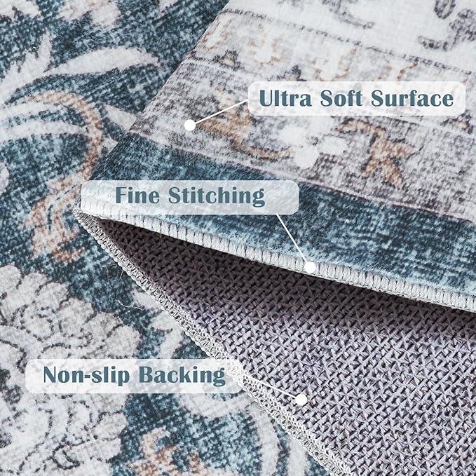 jinchan Floral 6x9 Area Rugs for Living Room - Machine Washable Vintage Distressed Boho Design Throw Rug Stain Resistant Carpet Low-Pile Thin Non-Slip for Bedroom Dining Room Nursery (6‘x9',Dark Blue)-CubbioJoy