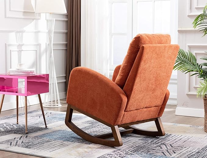 Dolonm Rocking Chair Mid-Century Modern Nursery Rocking Armchair Upholstered Tall Back Accent Glider Rocker for Living Room (Orange)-CubbioJoy