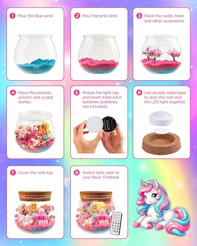 D-FantiX Unicorn Princess Toys Terrarium Kit for Kids, Led Night Light Birthday for Little Girls, DIY Arts and Crafts Science Kit for Kids Age 3 4 5 6 7 8-12 Year Old-CubbioJoy