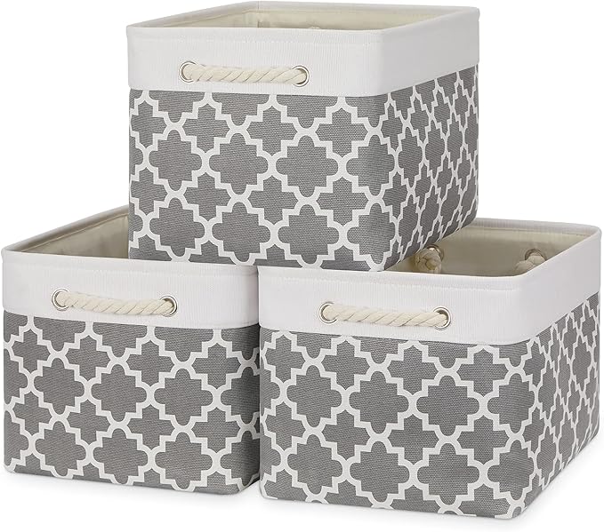 Bidtakay Basket Storage Bins Baskets for Organizing Set of 3 Collapsible Cloth Storage Linen Closet Organizer 15 X 11 X 9.5 Inches Large Foldable Baskets for Shelves (White&Quatrefoil Grey)-CubbioJoy