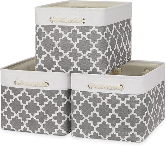 Bidtakay Basket Storage Bins Baskets for Organizing Set of 3 Collapsible Cloth Storage Linen Closet Organizer 15 X 11 X 9.5 Inches Large Foldable Baskets for Shelves (White&Quatrefoil Grey)-CubbioJoy