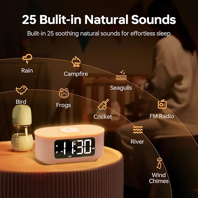 JALL Fabric Alarm Clock for Bedroom, with Big Led Screen Display, Bluetooth Stereo Sound Speaker, FM Radio, Fast Wireless Charging, USB Charging Port, Nightlight, White Noise, Ideal for Gift, Pink-CubbioJoy
