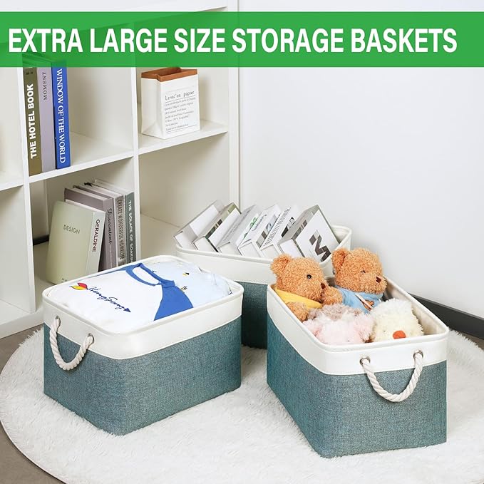 Bidtakay Fabric Storage Baskets for Shelves 3 Pack Large Storage Bins for Organizing Linen Collapsible Organizer for Closet-Deep Green-CubbioJoy