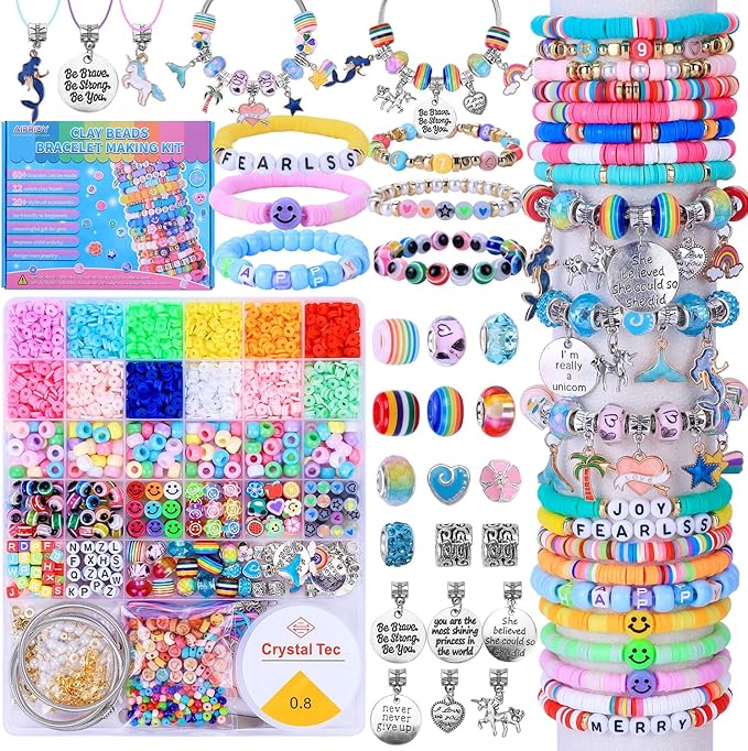 AIPRIDY 3600 Pcs Girls Toys Bracelet Making Kit, Unicorn/Mermaid Jewelry Activity, Flat College Style Beading for Friendship Jewelry Making, DIY Crafts for 4-12 Girls Birthday Christmas Gifts(Aqua)-CubbioJoy