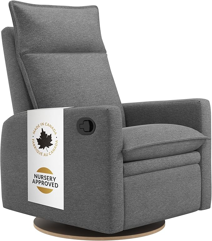 Jaymar Arya Modern Nursery Glider Recliner Chair – Cozy Nursing Chair with 360° Swivel for New Parents, Gentle Motion, Compact Design, High Back & Low Armrests, Canadian Made (Charcoal/Nexus Fabric)-CubbioJoy