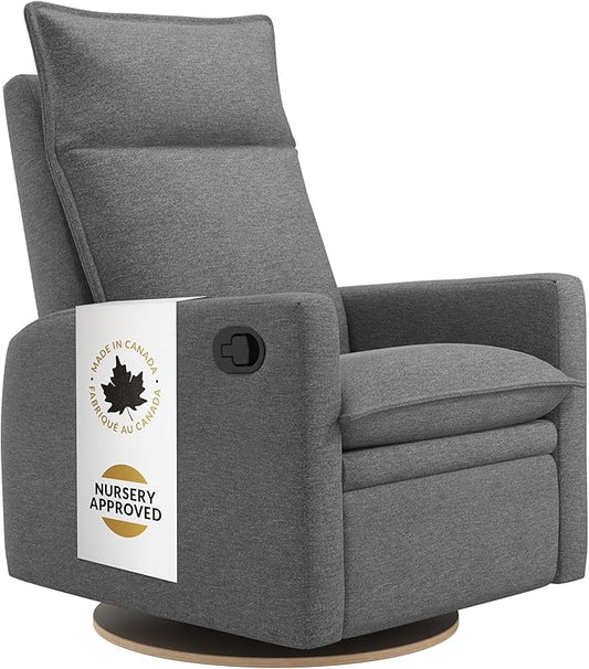 Jaymar Arya Modern Nursery Glider Recliner Chair – Cozy Nursing Chair with 360° Swivel for New Parents, Gentle Motion, Compact Design, High Back & Low Armrests, Canadian Made (Charcoal/Nexus Fabric)-CubbioJoy