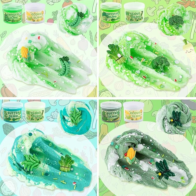 6 Packs Gradient Green Slime Kit - Cloud Butter Clear Slime, Crunchy Slimes for Kids with Various Slime Add-ins, Non Sticky Slimes Party Favors for Girls and Boys-CubbioJoy