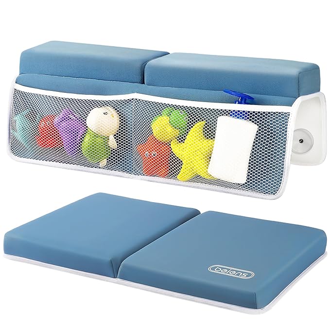 beiens Bath Kneeler and Elbow Rest Pad Set - 1.5'' Comfortable Thick Baby Bath Kneeler Pads, Quick Dry Soft Kneeling Pad for Baby Bath Time, Non-Slip Knee& Arm Support Bathtub Mat with Toys Organizer-CubbioJoy