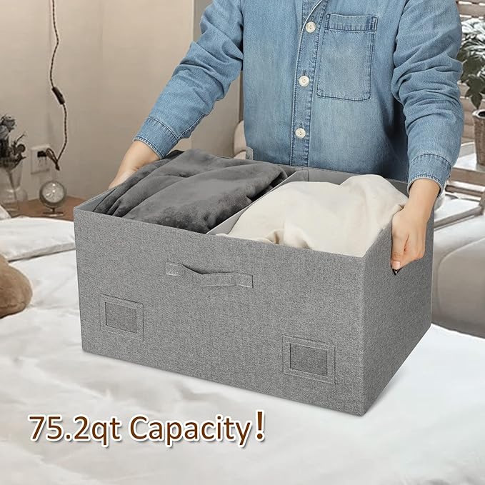 75 Quarts Extra Large Decorative Storage Bins with Lids, 3 Packs Gray Collapsible Storage Bins with Lids, Stackable Storage Bins Decorative Box Storage With Lid Extra Large-CubbioJoy