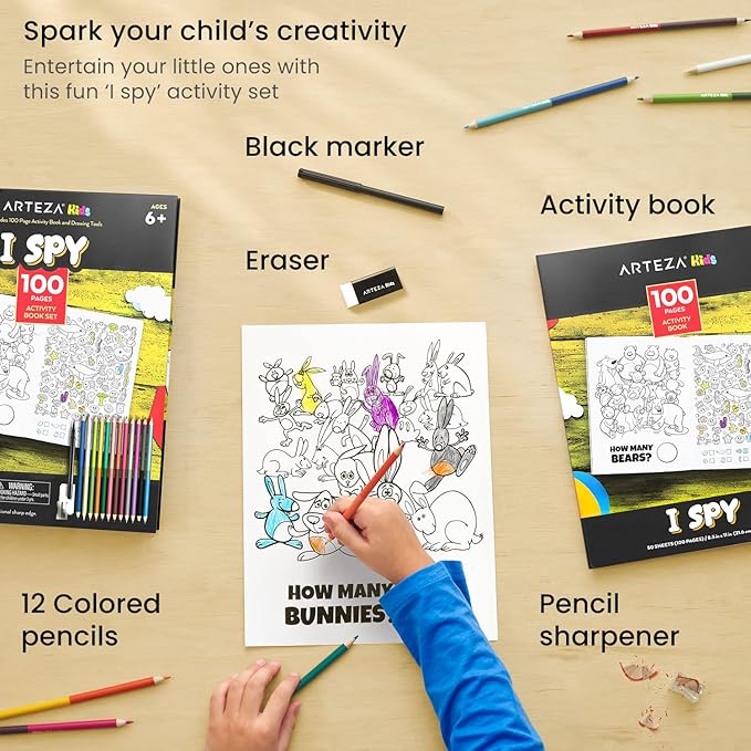 Arteza Kids Activity Book, I Spy Coloring Book, 8.5 x 11 Inches, School Supplies for Ages 6 and Up, 50 Sheets, 12 Double-Ended Colored Pencils, Black Marker, Eraser, Pencil Sharpener-CubbioJoy