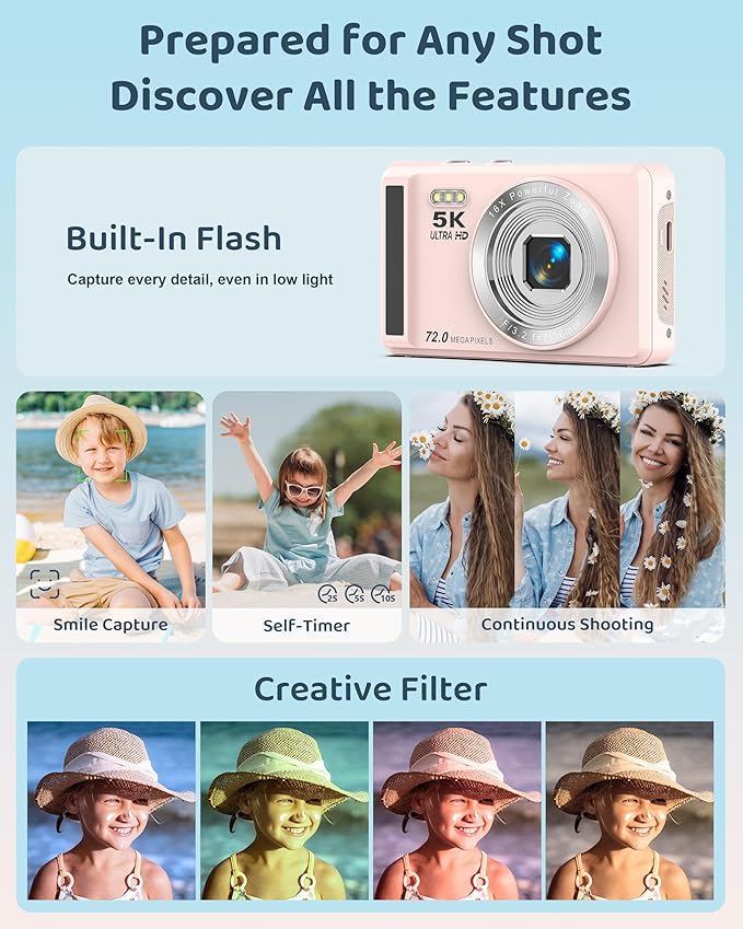 5K Digital Camera - 72MP UHD Digital Cameras for Photography - Autofocus Point and Shoot Small Camera with Flash for Kids - 2.8 Inch Screen Compact Portable Vlogging Camara with 16X Zoom, 32GB SD Card-CubbioJoy