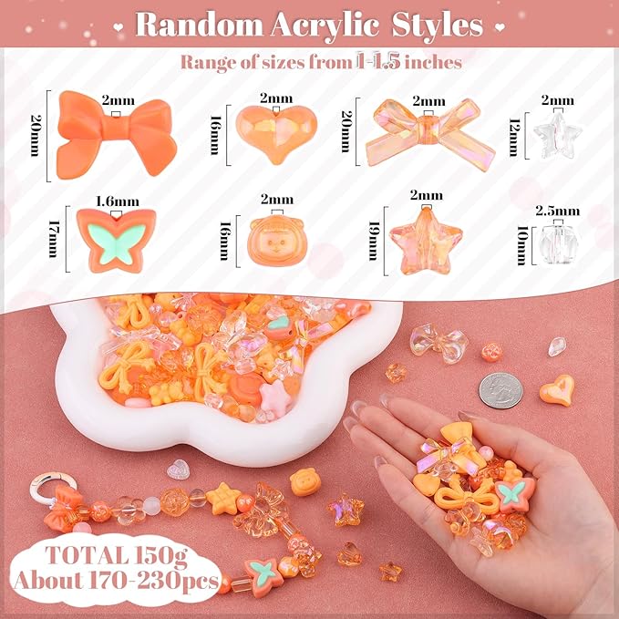 Assorted 170-230PCS Orange Acrylic Beads for Bracelet Making, Flower Bow Butterfly Candy GummyBear Aesthetic Bracelet Charms,Cute Beads for Jewelry Making DIY Necklace Keychain Phone Charm-CubbioJoy