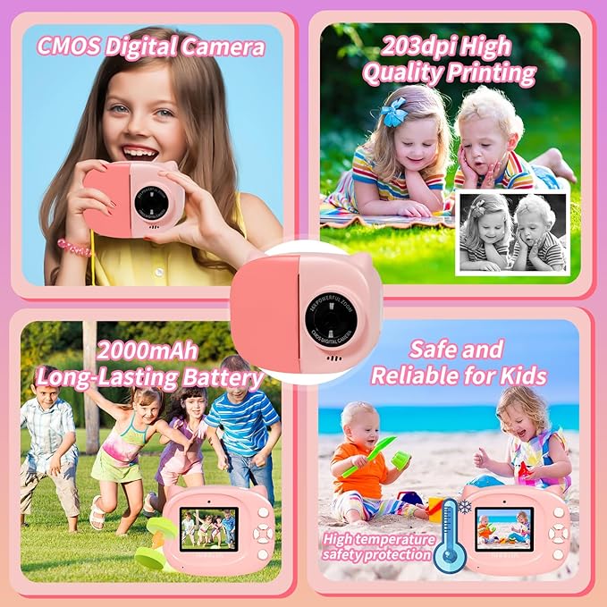 Instant Print Camera Toy for Kids, Girls Birthday Gifts for 3 4 5 6 7 8 Year Old Learning Music Story Player, 1080P HD Dual-Lens Creative Instant Camera (Pink)-CubbioJoy