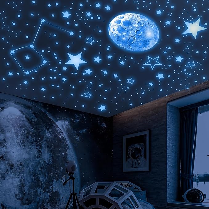 965 PCS Glow in The Dark Stars and Moon for Ceiling, Luminous Stars and Planet Wall Decals, Kids Room Decor, Glowing Galaxy Wall Stickers for Nursery Decorations (Blue)-CubbioJoy