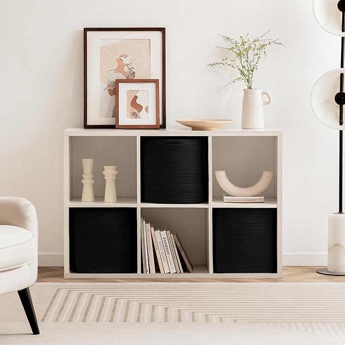 joybest Cube Storage Bins Set of 4, 13inch Cube Baskets Organizer for Nursery, Square Cotton Rope Baskets for Shelves Organizing, Kids Toy, Closet Storage, Black-CubbioJoy