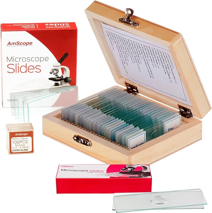 AmScope PS25-BSC12-72P100S22 25 Piece Microscope Prepared Slides, 72 Piece Pre-Cleaned Blank Plate Slides, 12 Piece Single Depression Concave Slides and 100 Piece Coverslips-CubbioJoy