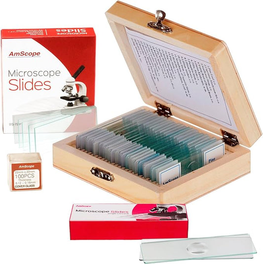 AmScope PS25-BSC12-72P100S22 25 Piece Microscope Prepared Slides, 72 Piece Pre-Cleaned Blank Plate Slides, 12 Piece Single Depression Concave Slides and 100 Piece Coverslips-CubbioJoy