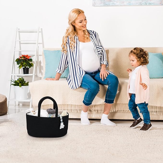 Baby Diaper Caddy Organizer for Girl Boy Cotton Rope Nursery Storage Bin Basket Portable Holder Tote Bag for Changing Table Car Travel Baby Shower Gifts Newborn Essentials Registry Must Haves Black-CubbioJoy