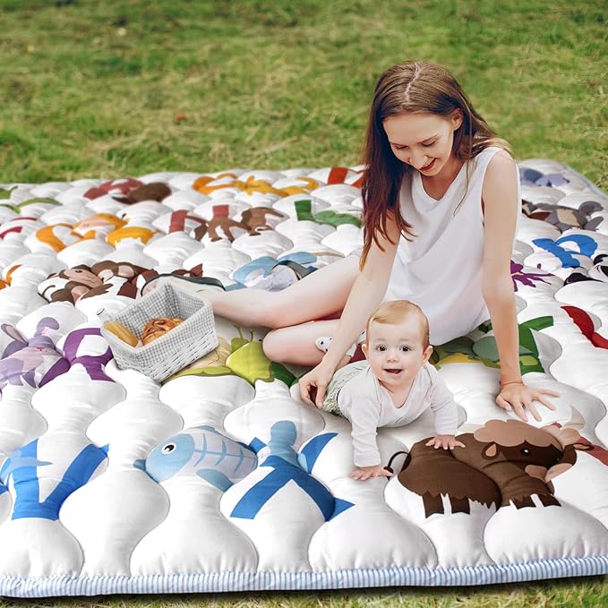 Baby Play Mats for Floor, 71”x59” Upgraded Thickness & Larger Super Soft Playmat for Babies and Toddlers, Foldable Washable, Upgrade Anti-Slip Crawling Mat for Playpen(Animal Alphabets)-CubbioJoy