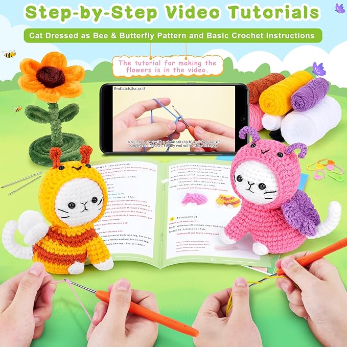 Crochet Kit for Beginners, 2PCS Cats Dressed as Bee and Butterfly Crochet Kits with Step-by-Step Video Tutorials, Beginner Crochet Kits for Kids and Adults, Animal Crocheting Kit for Starters-CubbioJoy