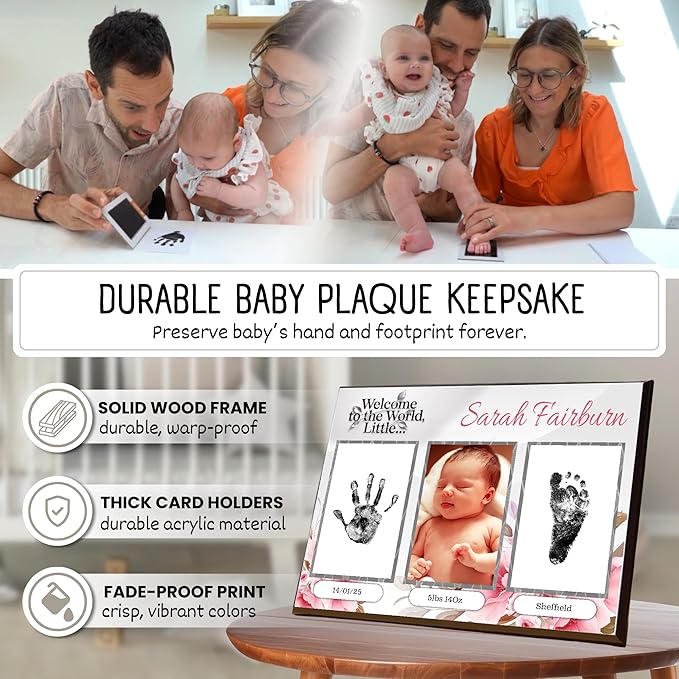 Baby Hand and Footprint Kit with Photo & Birth Details, Inkless Hand and Footprint Kit, Newborn Keepsake Plaque, Baby Shower Gifts (STYLE 1 (Fully Personalized) (Welcome To The World - Baby Girl))-CubbioJoy