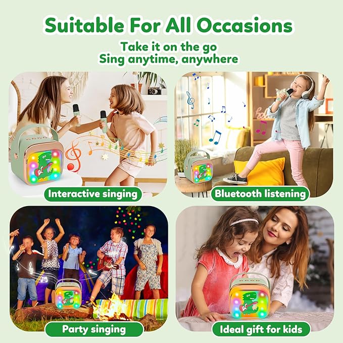 Dinosaur Karaoke Machine for Kids, Portable Mini Karaoke Machine with 2 Wireless Microphones, 4 5 6 7 8 9 10 Years Old Girl Boy Easter Christmas Birthday Gift Colorful Lighted Speaker Toys-CubbioJoy