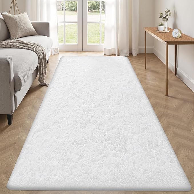 2x6 Runner Rug for Bedroom: Fluffy Shag Soft Washable Rugs Small Fuzzy Plush Indoor Carpet for Hallway Bedside Dorm Kids Girls Boys Room (White, 2'x6')-CubbioJoy
