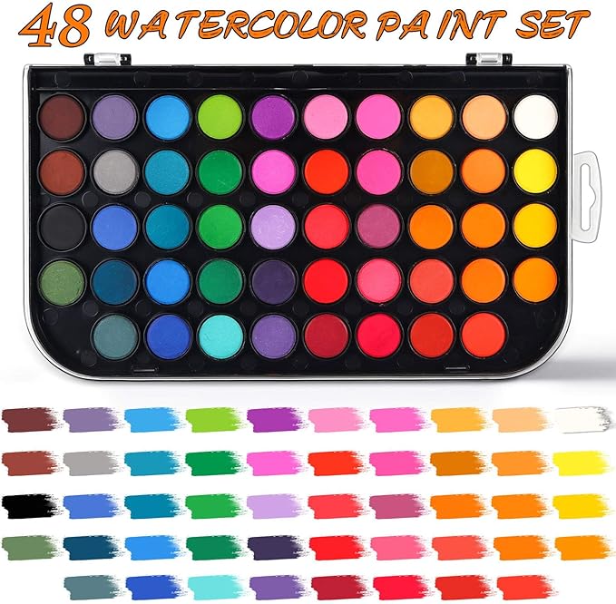 AROIC 48 Colors Watercolor Paint Set,Washable Water Color Paint KiTs with Refillable Water Brush Pens Travel Art Kit for Kids, Beginners & Artists Birthday Gift for Children & Art Lovers-CubbioJoy
