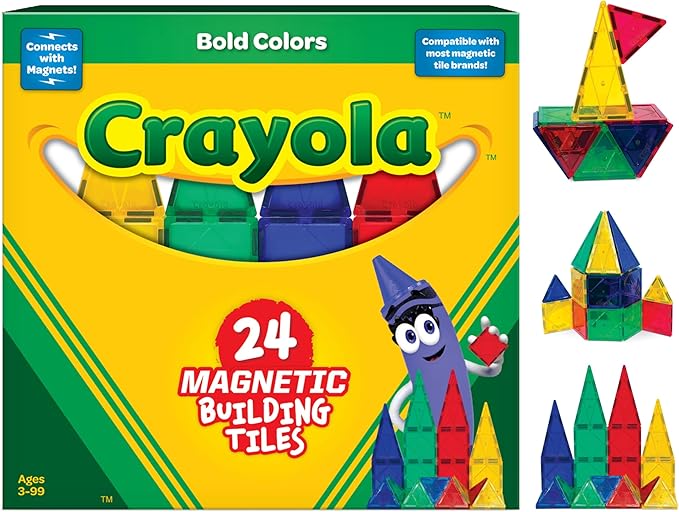 CreateOn Crayola Bold Magnetic Tiles, Building Set for Kids, Magnetic Tiles, Kids’ Building Toys, STEM and Montessori Toys for Boys and Girls Ages 3+, 24-Piece Set (Bold)-CubbioJoy