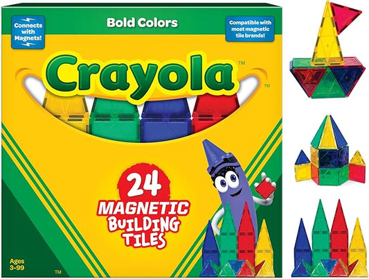CreateOn Crayola Bold Magnetic Tiles, Building Set for Kids, Magnetic Tiles, Kids’ Building Toys, STEM and Montessori Toys for Boys and Girls Ages 3+, 24-Piece Set (Bold)-CubbioJoy