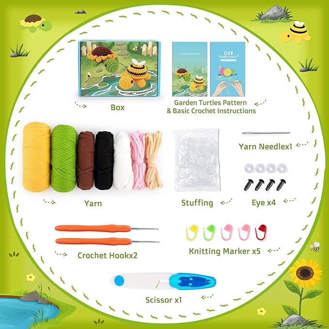 Crochet Kit for Beginners, Crochet Animal Kit with Step-by-Step Video Tutorials, 2PCS Bee and Sunflower Turtles Crocheting Kit for Adults Kids, Easy Yarn for Starter, Stuffed Animal Knitting Kit-CubbioJoy