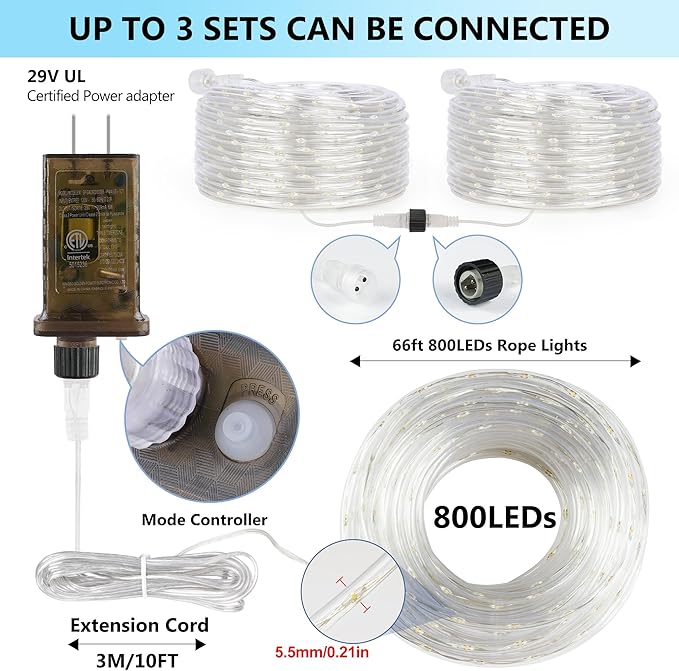 Connectable 66ft 800 LED Rope Lights Outdoor, Cool White Strip Lights Plug in, Outdoor String Lights Waterproof Decorative Lighting for Deck Patio Yard Garden Pathway Pool Camping Room Indoor Décor-CubbioJoy