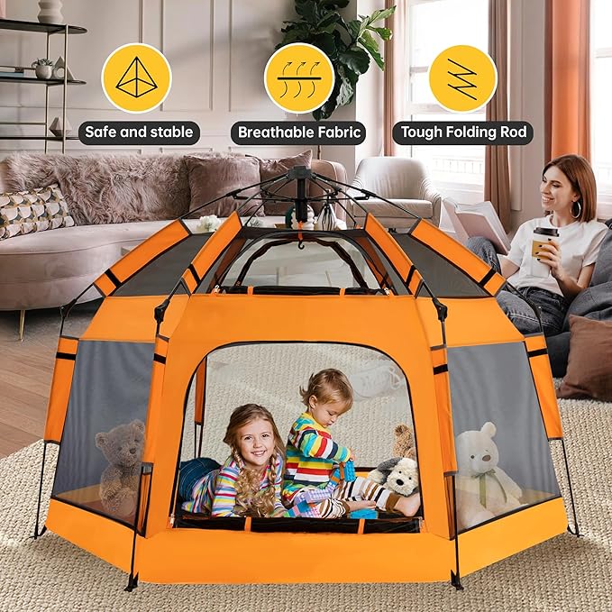 Baby Pop Up Playpen with Canopy, Pop Up Baby Pop Up Tent with Safety Lock, Portable Toddler Play Yard with Travel Bag, 6 Ground Stakes, 6 Sand Stakes-CubbioJoy