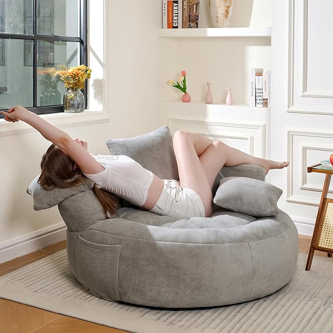 Bean Bag Chair for Adults, Comfortable Bean Bag Sofa with Back Support and Pillows, Giant Bean Bag Chairs Suitable for Living Rooms, Bedrooms and Apartments -Light Gray-CubbioJoy