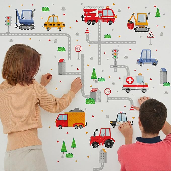 Car Wall Decals by Lipastick - Peel and Stick Transport Road Trucks Stickers for Boys Room, Toddler Bedroom, Baby Nursery, Kids Playroom, Living Room- Removable Decor - M Size-CubbioJoy