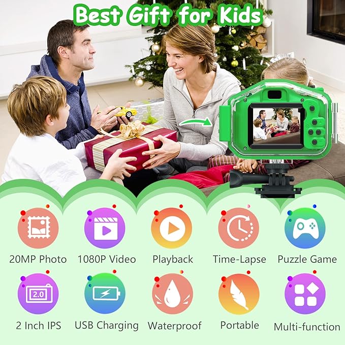 Agoigo Kids Waterproof Camera - Children Underwater HD Video Digital Camcorder, Portable Travel Toy for Toddler - Ideal Christmas Birthday Gifts for Boys Girls Age 3-12 with 32GB Card (Green)-CubbioJoy
