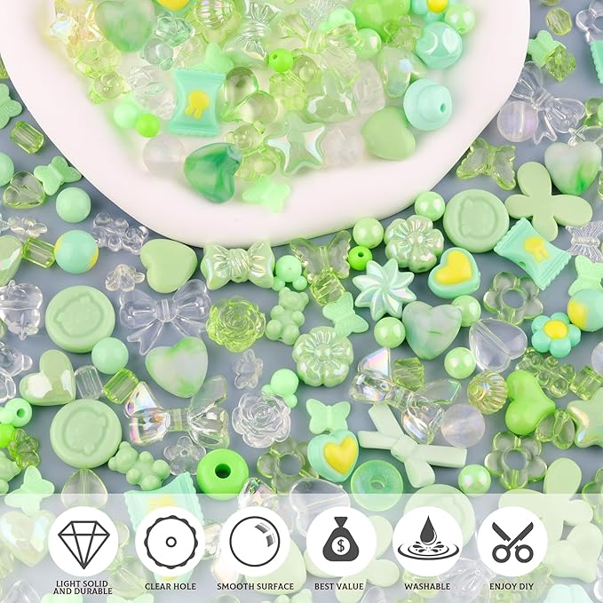 Assorted 170-230PCS Green Acrylic Beads for Bracelet Making, Flower Bow Butterfly Candy GummyBear Aesthetic Bracelet Charms,Cute Beads for Jewelry Making DIY Necklace Keychain Phone Charm-CubbioJoy